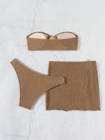 New 3 Pieces Push Up Bandeau Thong Bikini Set Swimsuit Women Brown Swimwear with Sarong Skirts Beach Wear Summer Bathing Suit