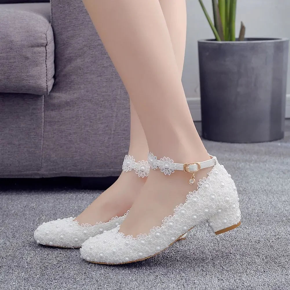 Women 3CM High Heels White Lace Pearl Wedding Shoes Sexy Bride PartyPointed Toe Shallow Mouth Pumps Shoe BridesmaidPink