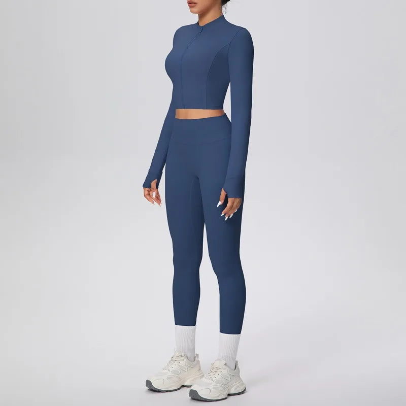 New Women Yoga Set Solid Color Double-Sided Brushed Bare Feel Short Long-Sleeve Jacket Tight Pants Running Fitness 2-Piece Set