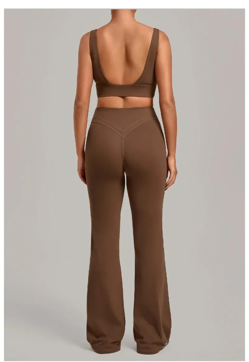 Women's Seamless Yoga Sets Sports Fitness Hip-lifting High Waist Flared Pants Backless Bra Suits Training WorkoutLeggings Sets