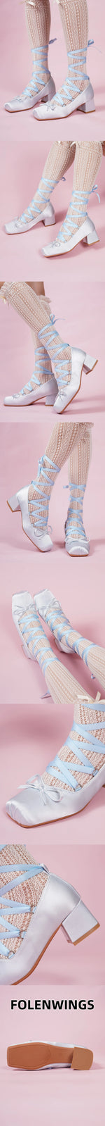 Brand Design Big Size 43 Sweet Pink Mary Jane Pumps Cross-tied Satin 9cm High Heels Ballet Shoes White Party Wedding Shoes Women