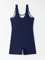 Women One-piece Sports Swimsuit Professional Training Athletic Boyleg Bathing Suit Printed Swimwear Patchwork Beach Wear Blue