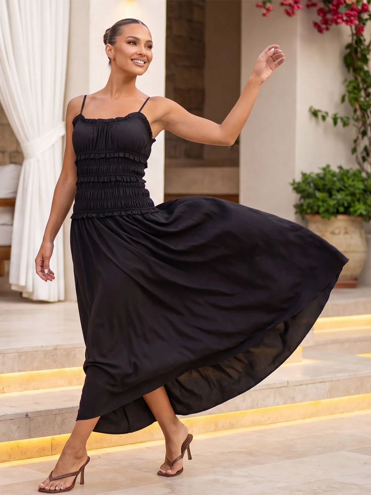 2026 Summer Women Slip Dress Sleeveless Smocked Ruffle Pleated Long Dress for Party Cocktail Out Going Streetwear