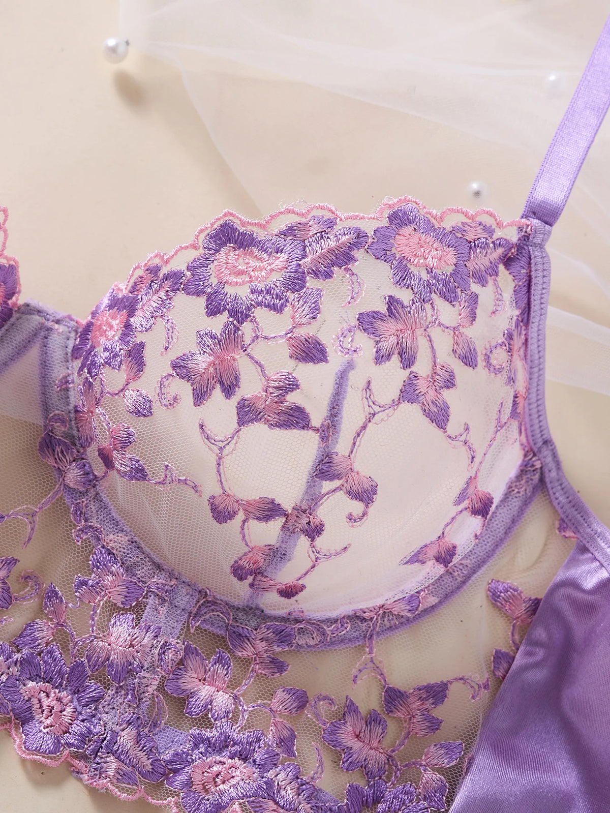 French-style purple lace embroidered lingerie set - Sexy see-through chiffon long bra and thong set for two pieces ZA25246