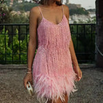 Mini Club Party Dress Women Dress Tassel Sequin Sleeveless Backless V Neck Feather Decor Loose Rumba Cha-cha Dance Costume