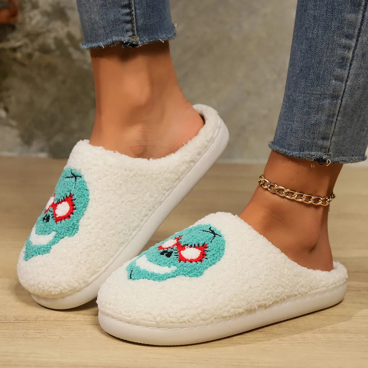Women Cartoon Plush Slippers Winter 2024 Halloween Style Non Slip Warm Winter Home Slippers Ladies Casual Soft Sole Cotton Shoes