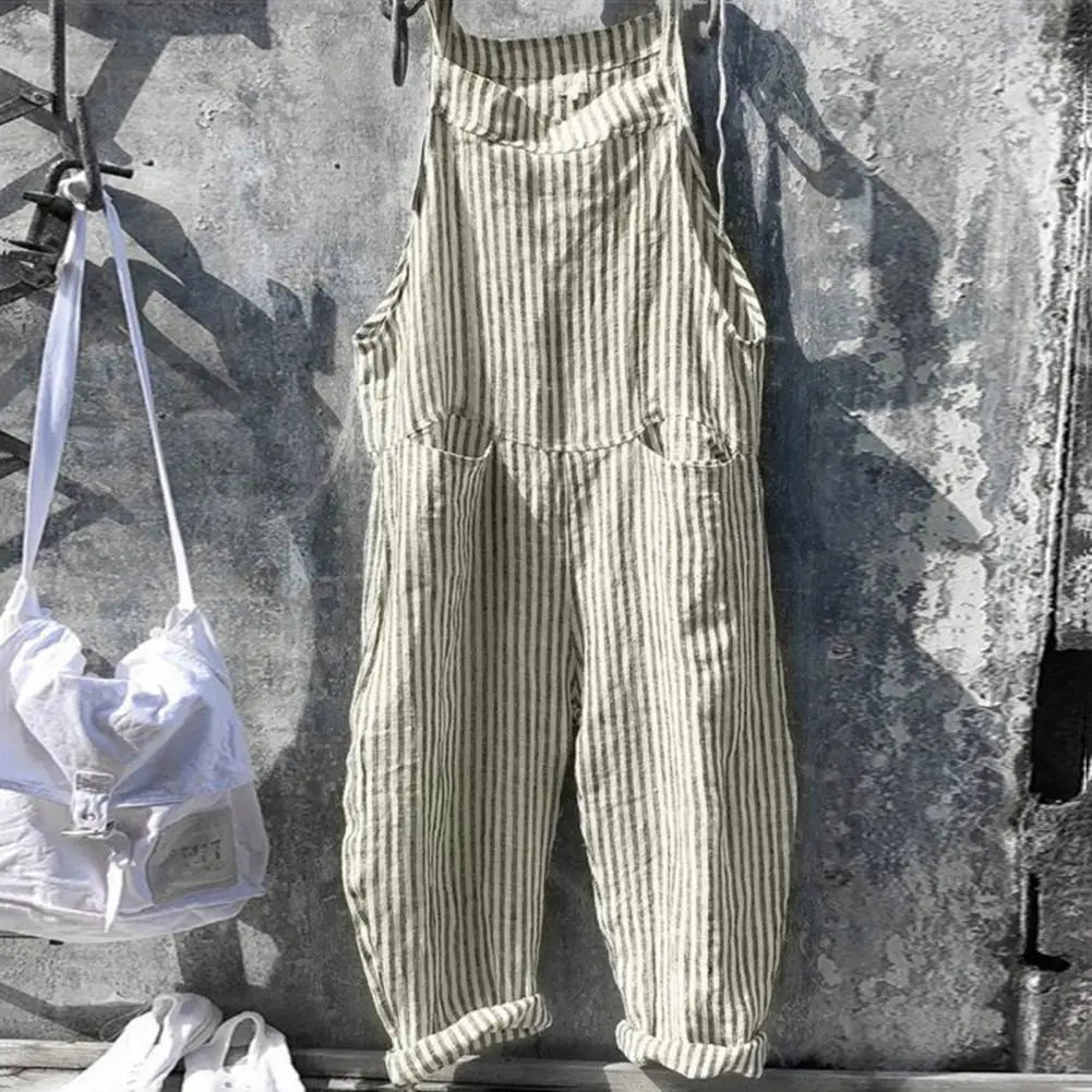 Casual Striped Print Sleeveless Jumpsuit Sling Big Pockets Wide Leg Summer Jumpsuit Women Female Clothing