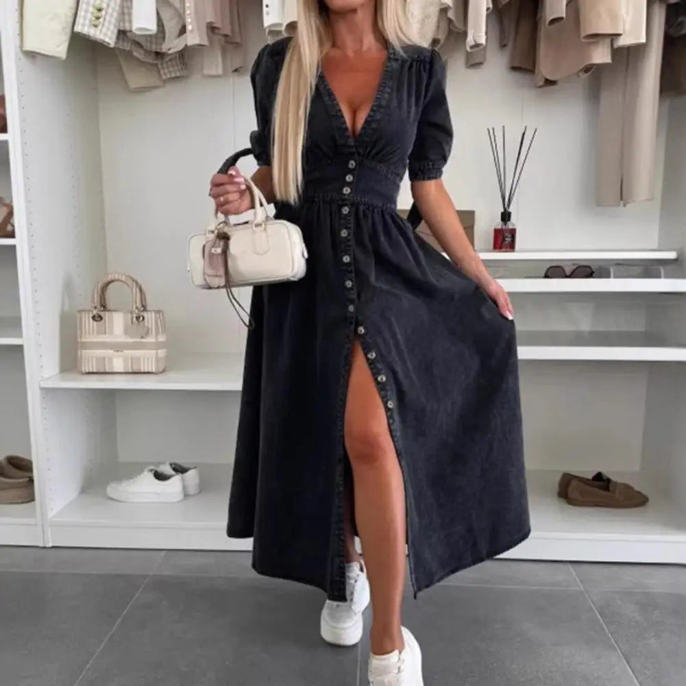 Women's Denim Long Dress Short Sleeve V-Neck Button Down Maxi Dress Casual Jean Dress for Spring Summer