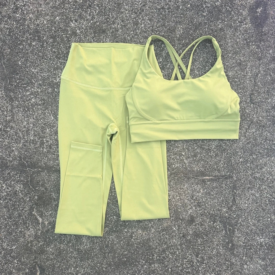 Solid Color Soft Women Gym Yoga Legging Set Cross Back Shoulder Strap Gym Yoga Bra+High Waist Sport Leggings 2pc Tight Sportwear