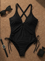 Sexy Black Drawstring Side One Piece Swimsuit 2026 Women V Neck Mesh Patchwork Slim Tummy Control Bathing Suit Holiday Swimwear