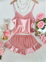 2Pcs Women Pink Satin Sleepwear Set V Neck Cami Top with Ruffle Shorts Sexy Breathable Loungewear Pajama for Home