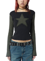 Early Autumn Punk Style Slim Fit T-shirt Women Long Sleeve Crew Neck Star Stripes Patchwork Ladies Tops for Casual Daily