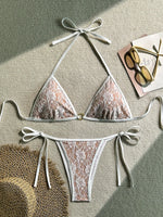 Embroidery Mesh Lace Halter Bikini Female Swimsuit Women Swimwear Two-pieces Bikini Set High Cut Bathing Suit Swim Beach Wear
