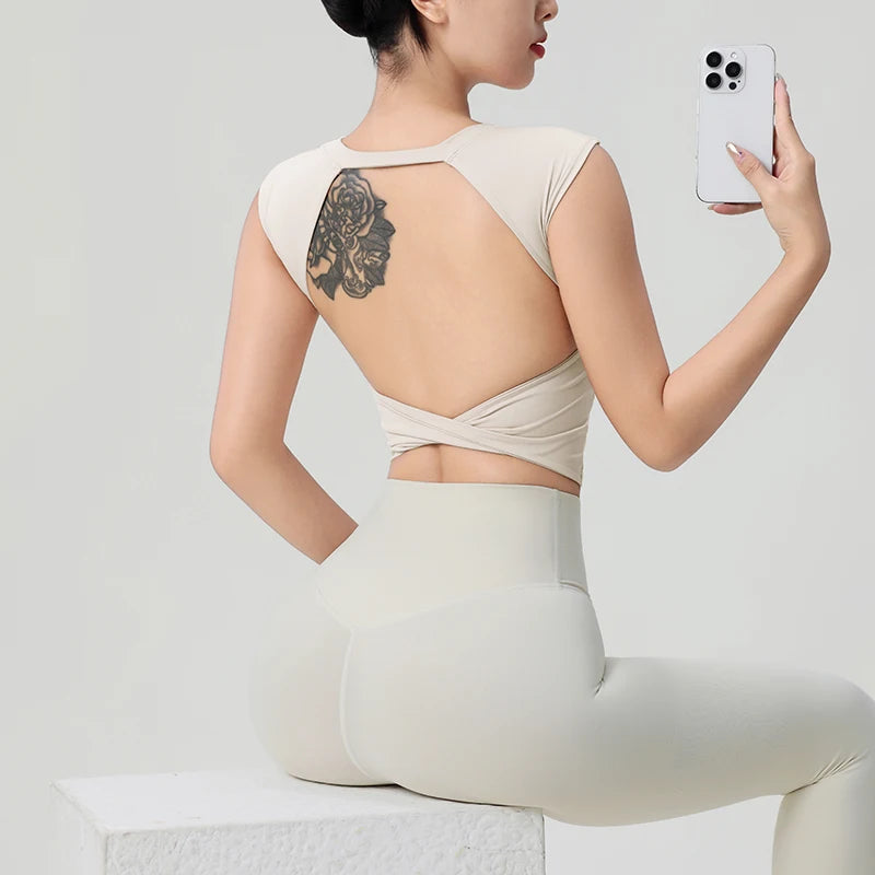 Women's Backless Fitness Clothes with Fixed Chest Pad Beautiful Top Short Sleeve Dance SportT-Shirt Yoga Wear