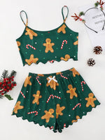 Christmas Clothes Cute Soft Gingerbread Print 2 Pieces Pajama Set Women's Sleepwear Crop Tops and Shorts Sets Loungewear