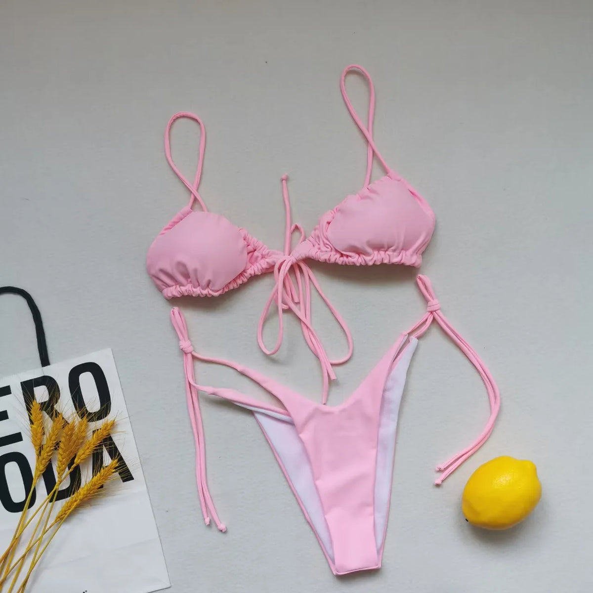 New Women's Sexy Swimsuit Loop Strap Bikini Set Double Face Plain Swimwear Lace Up Beach Clothes Swimming Pool Party Essential