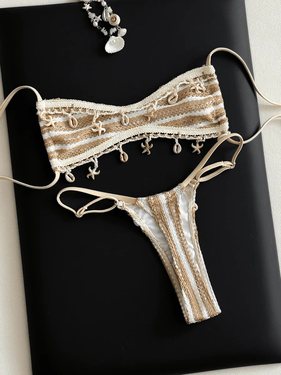 Striped Shell Fishnet Bandeau Bikini Women Swimsuit Female Swimwear Two Pieces Bikini Set Mini Micro Thong Bathing Suit Swim