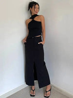 WOMENGAGA Retro High Waist Half Skirt Girl Bifurcate Slim A-LINE Gray Skirts Fashion American Spicy Girls 2023 New 5P2F