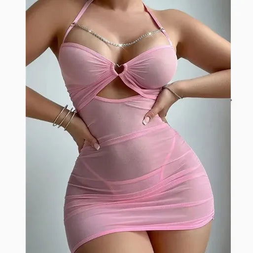 New European cross-border foreign trade sex sexy mesh perspective underwear chain nightdress thong set