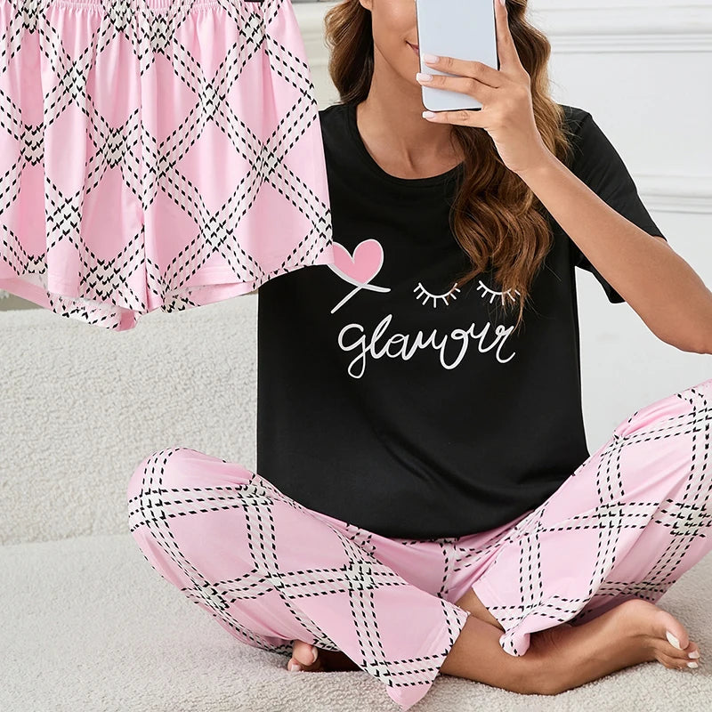 Women's Pajamas 3-Piece Set Sleepwear Home Clothes Autumn Short Sleeve Top with Shorts & Long Pants Loungewear Short Suit Pyjama
