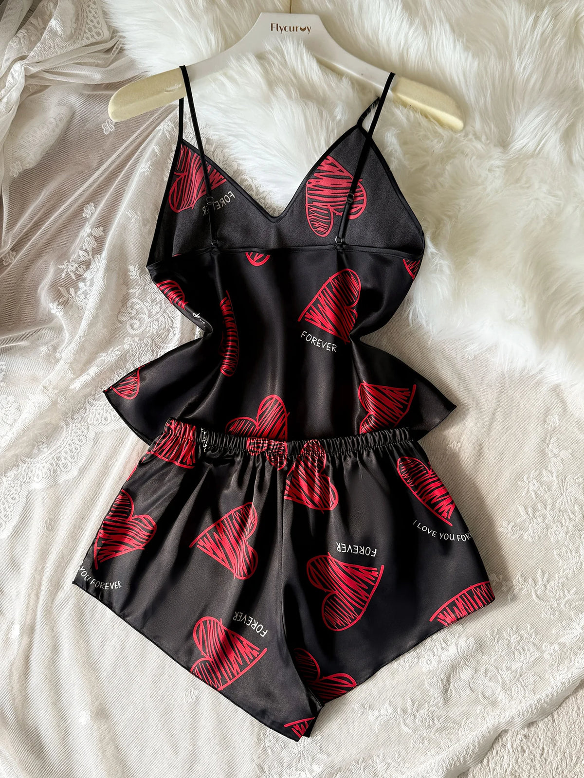 Women Heart Letter Print 2 Piece Pajama Set V Neck Spaghetti Strap Cami Top Elastic Waist Shorts Sweet Fashion Ladies Sleepwear