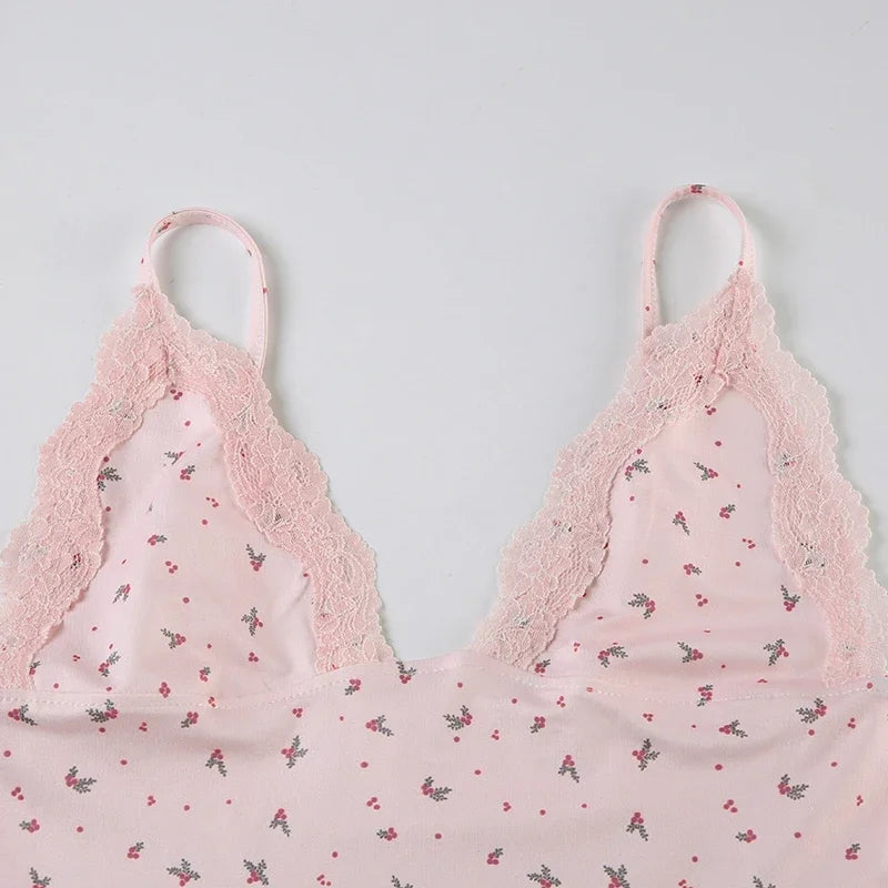 Cute Pink Floral Lace Patchwork Two-piece Pajamas Set for Women Sleepwear Sleeveless Camisoles and Slim Shorts Loungewear