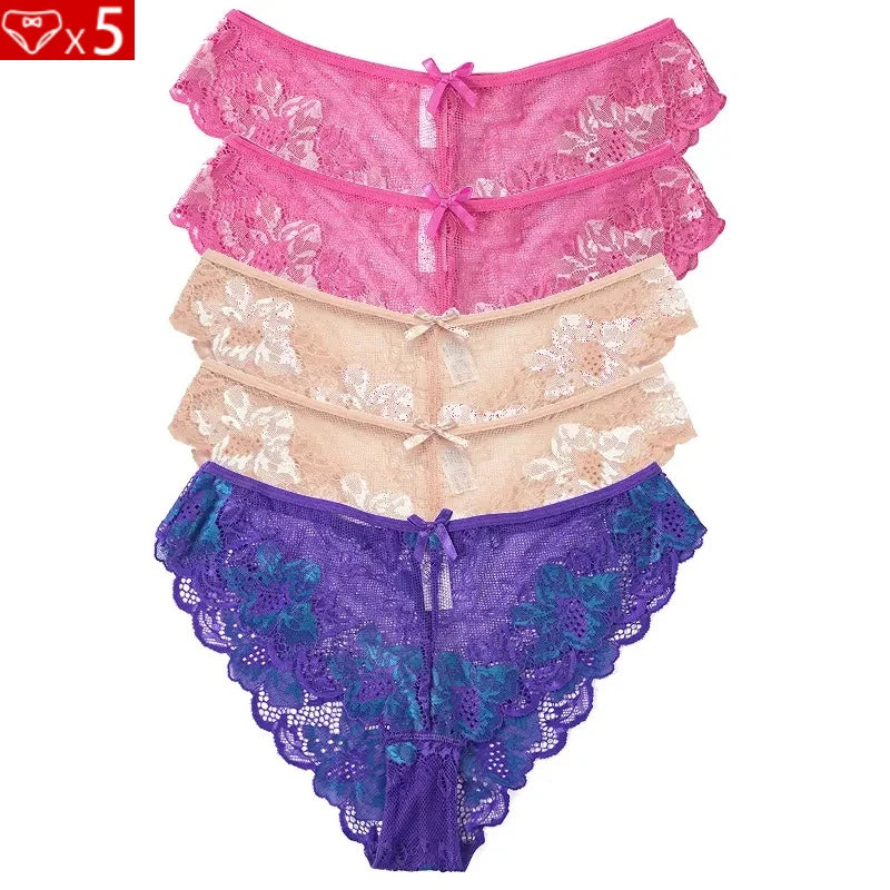 5pcs Lace Sexy Women Panties Mid Waist Perspective Floral Ladies Briefs Breathable Comfortable Female Underwear