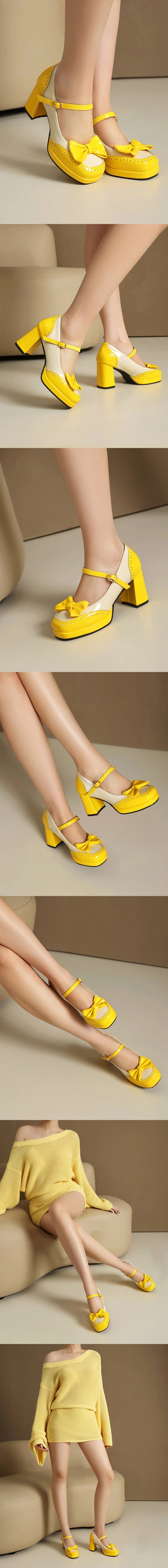 Plus Size 32-48 Sweet Lolita Patent Leather Mary Jane Shoes Women Gothic Square Toe Bow Tie Platform Chunky Heels Brogue Pumps
