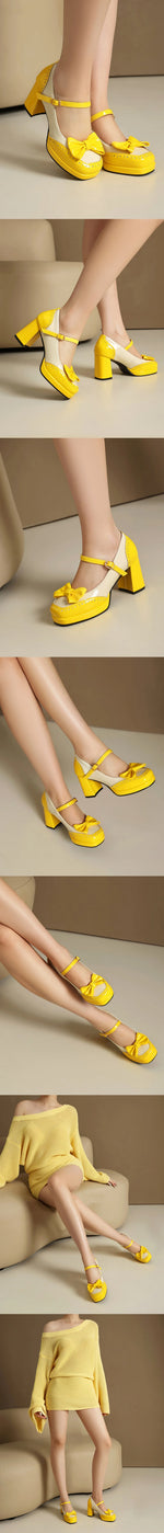 Plus Size 32-48 Sweet Lolita Patent Leather Mary Jane Shoes Women Gothic Square Toe Bow Tie Platform Chunky Heels Brogue Pumps