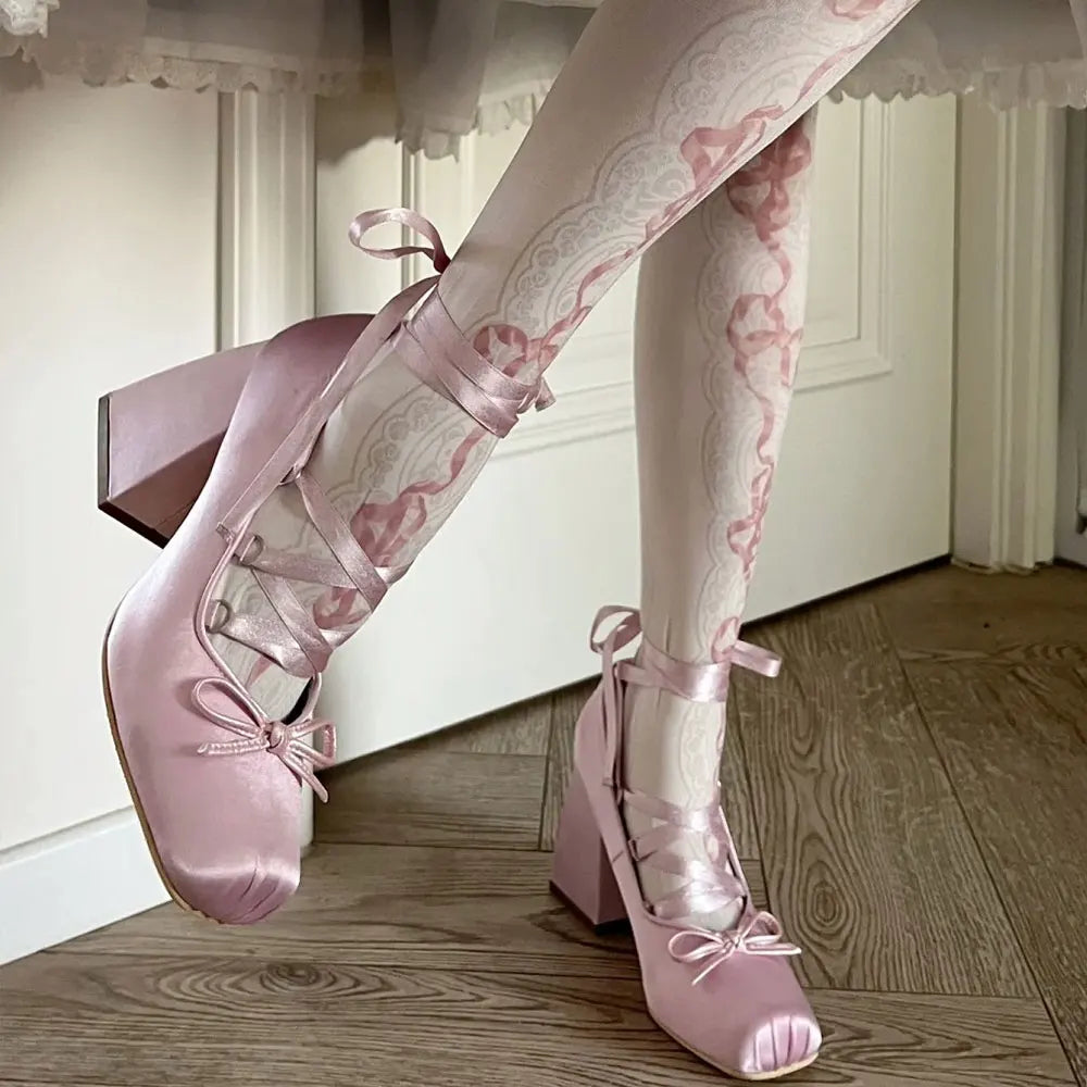 2026 y2k Block High Heels Summer Vintage Black Satin Pink Lolita Mary Janes Shoes Women Sweet Cross-tied Ballet Pumps Footwear