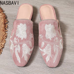 NASBAVI Fashion 3d Embroidery Mules Women Fur Slippers Velvet Shoes Ladies Low Heel Flower Decoration Sandals Women's Flip Flops
