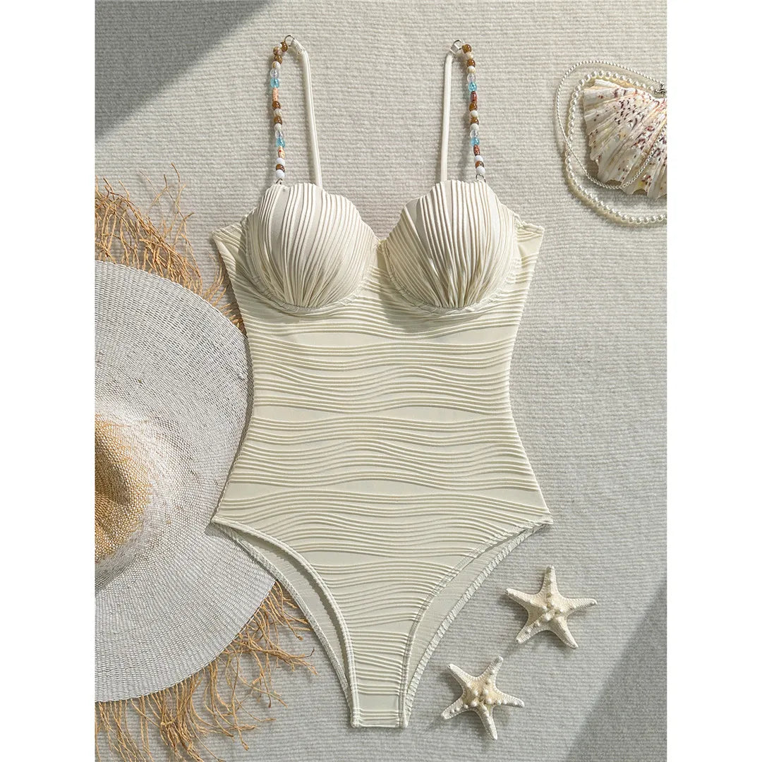 Wrinkled Underwired Colorful Beads Women Swimwear One Piece Swimsuit Female High Leg Cut Monokini Bather Bathing Suit Swim V8301