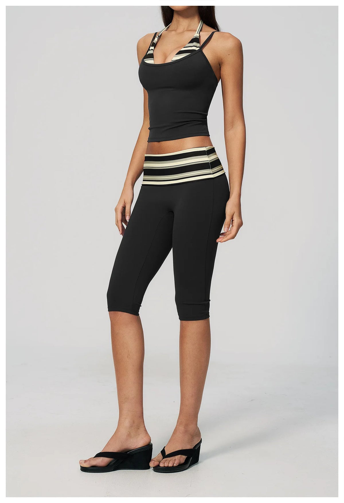 New Fake Two-piece Yoga Sets Women Striped Shock-absorbing Slim Sports Tank Top Fitness Suit Gym High Waist Mid Pants Tracksuit