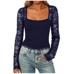Women'S Sexy Lace Patchwork Square Collar Long Sleeve T-Shirt Elegant Sheer Mesh Slim Fit Cropped Top Spring/Fall 2026 Basic Top