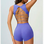 Women's Backless Cross Belt Sports Vest Yoga Exercise Fitness Suit Threaded Pleated Hip Lifting Shorts Set