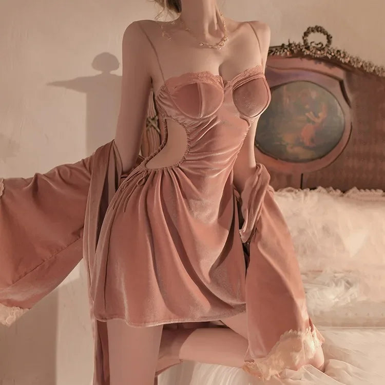 Sexy Velvet Lace Sleepwear Strap Home Clothes Set with Chest Pad V-neck Winter Home Comfortable Pure Desire Robe Nightgown 2025