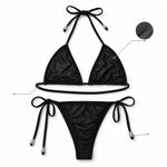 Women Bikini Set 2pcs Black Halter Triangle Swimsuit, Tie Side V Shape Bottom, Solid Color Beach Vacation Swimwear