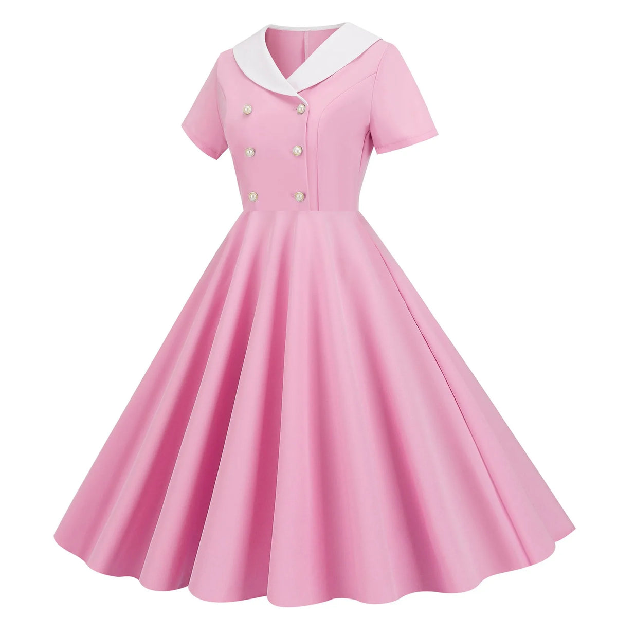 1950s Vintage 50s A-Line Evening Dress Short Sleeves V Neck Button High Waist Dresses Women's Prom Party Midi Dress Vestidos