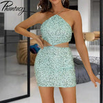 Phantasy Sexy Sequins Hollow out Halter Dress Women Fashion Backless Short Dress Chic Party Gown Lady Summer Night Club Dress up