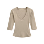 New Pure Desire Casual Style T-Shirt Hot Girl Sexy V-Neck Wool Lyocell Stretch Slim Fit Mid-Sleeve Solid Color Thin T-Shirt WLOC