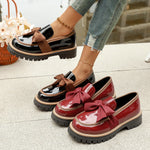 Women Patent Bow Platform Loafers Round‑Toe Slip‑On Lug‑Sole PU Leather Contrast Trim Vintage Casual Daily Shoes