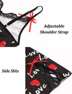 New Sexy Black Nightgown for Women Red HeartLove Print Satin Lace Trim Mini Chemise Adjustable Spaghetti Strap Lingerie