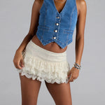 Women Summer Solid Color Mini Skirts Casual ElegantLow Rise Layered Ruffle Lace Skirt for Beach Vacation Club