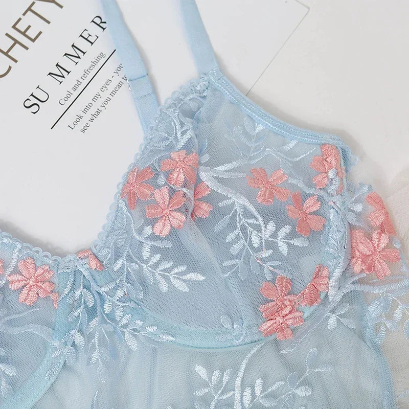 Lace Floral Embroidery See Through Bra Panties Set Women Underwear Sexy Lingerie Erotic 2 Pieces Bra Brief Sets