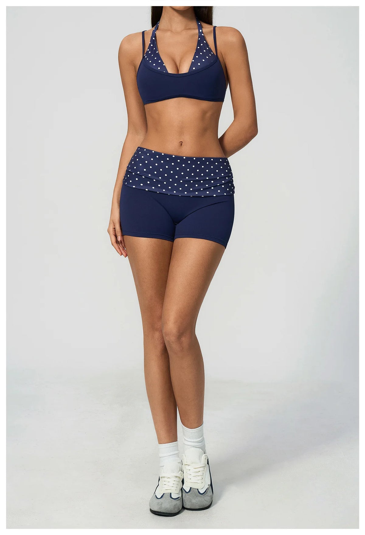 Breathable Striped Patchwork Yoga Clothing Women Fake Two-piece Sports Bra Folding High Waist Shorts Gym Running Fitness Suit