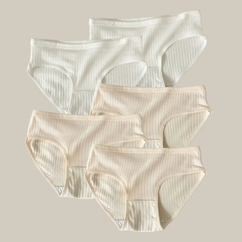 5Pcs/Set Women Cotton Briefs Ribbed Panties Low Rise Underwear Female Underpants Solid Color Sexy Lingerie Soft Intimates M-XL