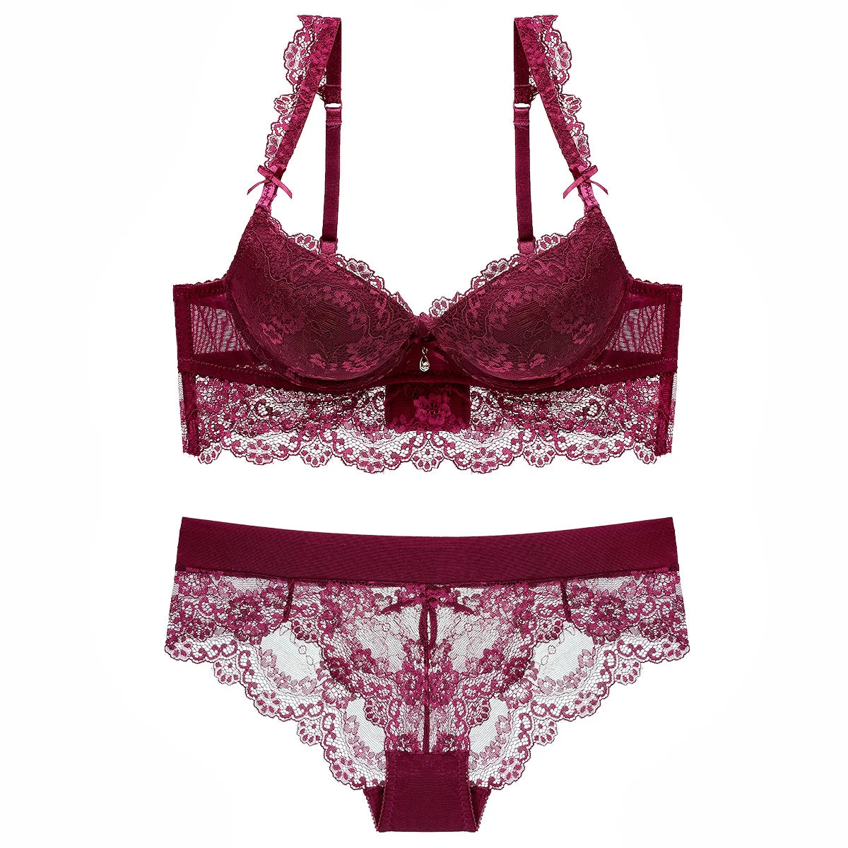Europe Sexy Lace Flowers Embroidery Bra Set Adjustable Women Underwear Push Up Bras Romantic Burgundy Plus Size Lingerie Panties