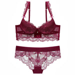 Europe Sexy Lace Flowers Embroidery Bra Set Adjustable Women Underwear Push Up Bras Romantic Burgundy Plus Size Lingerie Panties