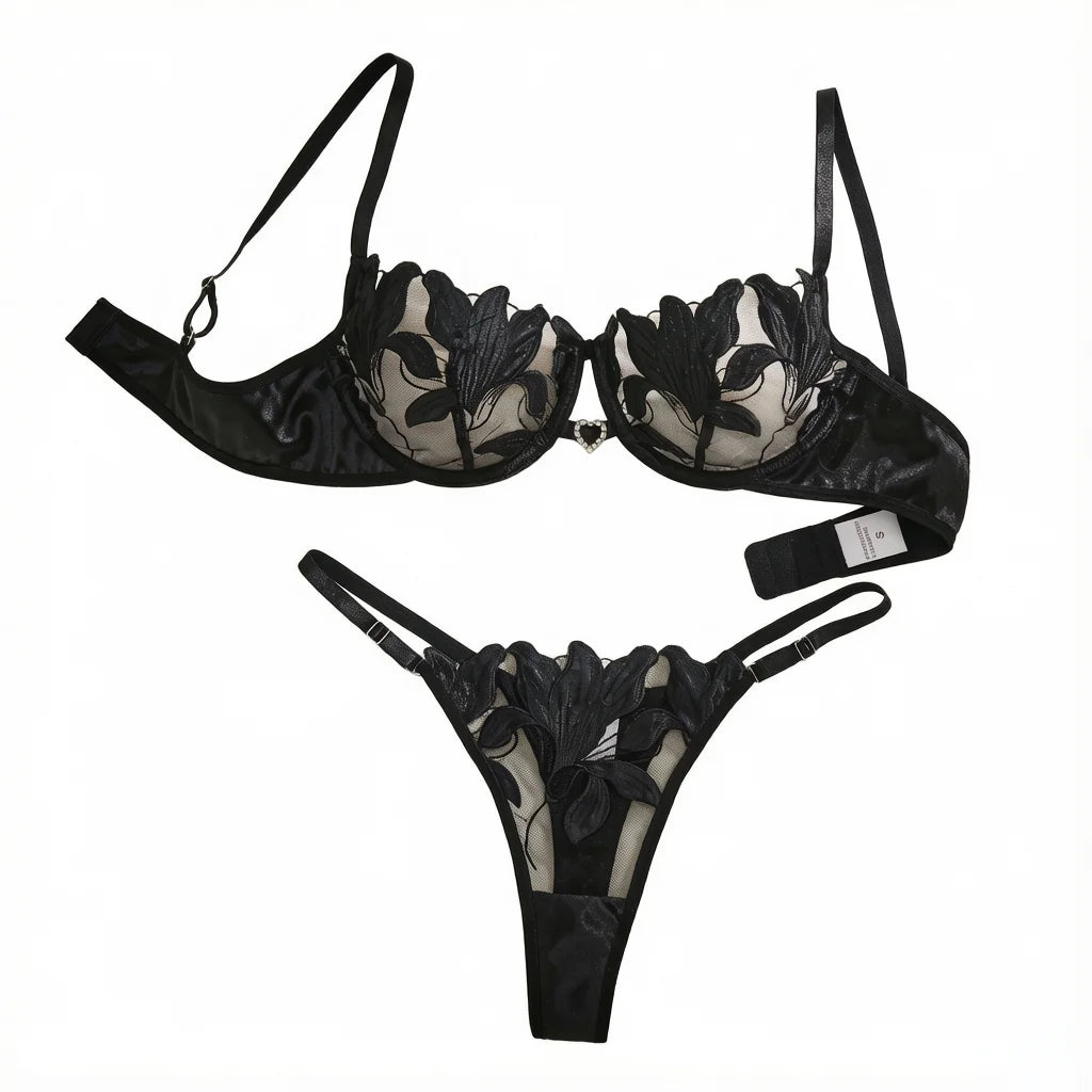 Black French-style Floral Embroidery Lace Lingerie, Sexy and Soft Steel-bra-cupped Supportive Bra,Valentine's Day Party ZA82403