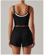 Women's New Summer Yoga Sets Color Blocked Double Strap Workout Tank Top Fitness Suit Drawstring High Waist Short Sport Set